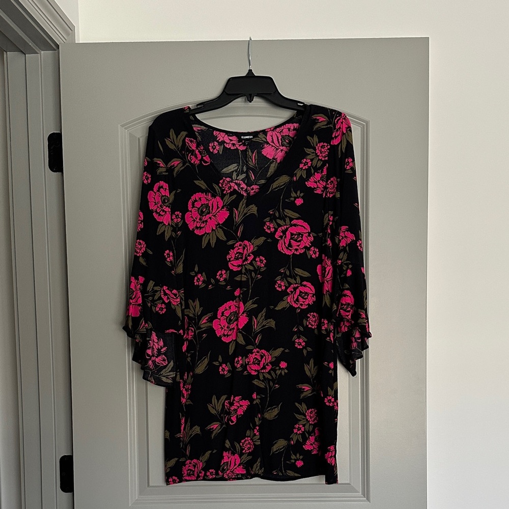 Express Black Dress with Pink Floral Design